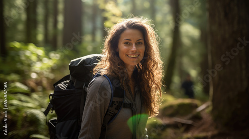 Woman wearing backpack standing in the forest , hiking alone