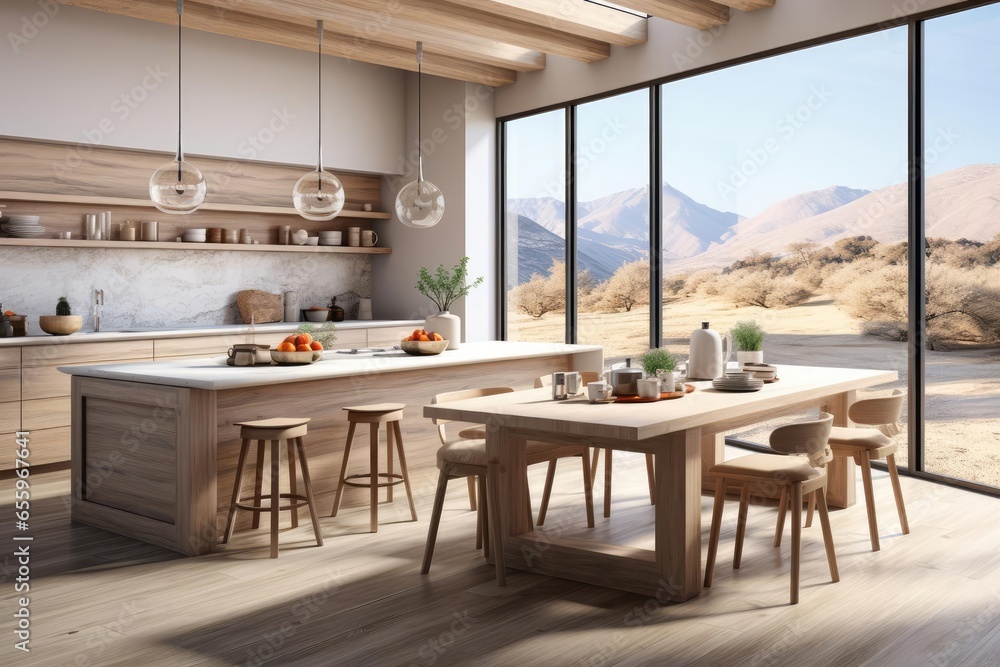 Fototapeta premium cozy kitchen with light natural materials with modern art on the walls