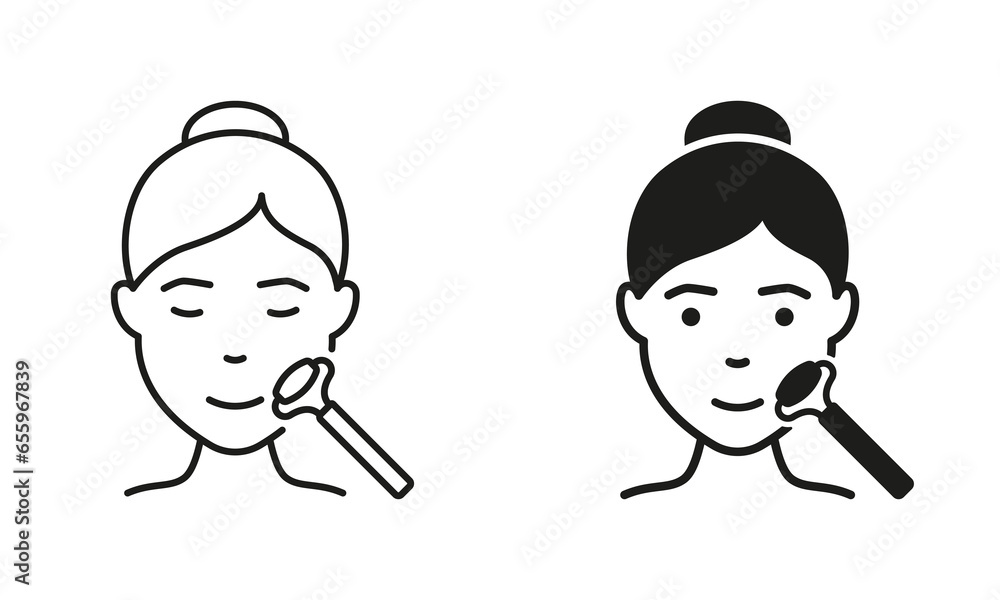 Facial Roller Massage Line and Silhouette Black Icon Set. Jade Roller for Girl Face, Skincare Pictogram. Woman Beauty Relax Procedure for Skin Care Symbol Collection. Isolated Vector Illustration Facial Roller Massage Line and Silhouette Black Icon Set. Jade Roller for Girl Face, Skincare Pictogram. Woman Beauty Relax Procedure for Skin Care Symbol Collection. Isolated Vector Illustration