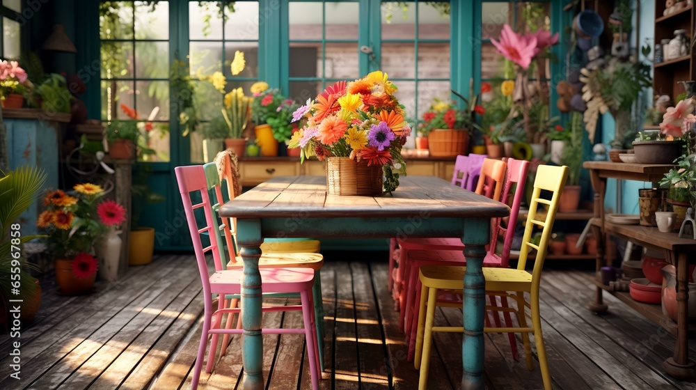 Rustic style colorful table decor and colorful chairs