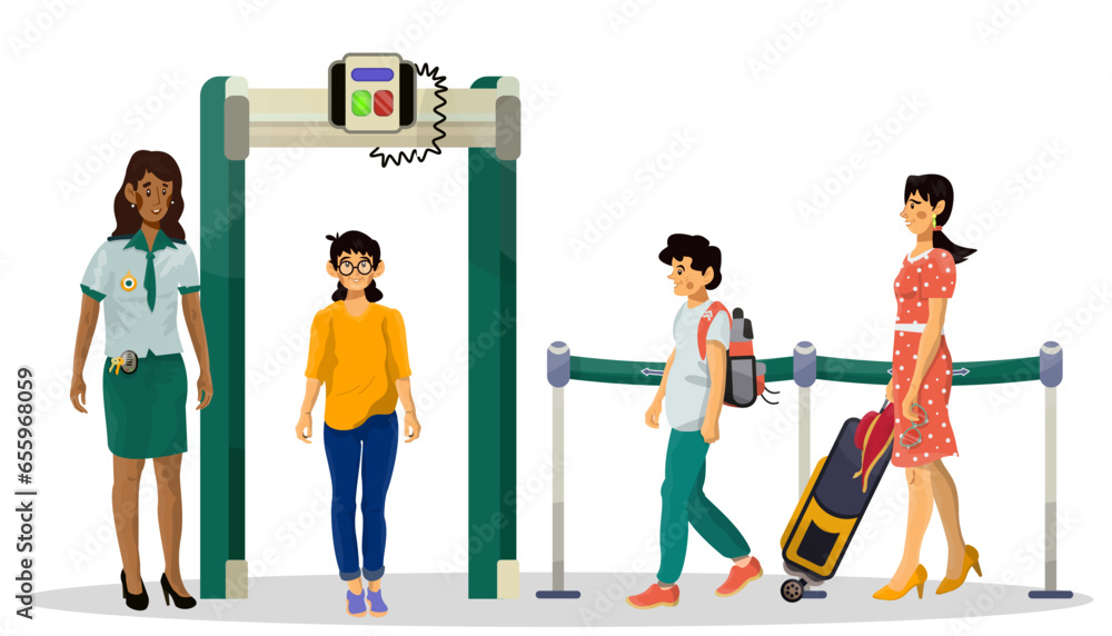 Obraz premium Cartoon illustration of airport inspection process. Vector concept of check equipment and people.