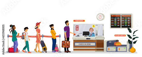 Vector cartoon illustration of check in desk or registration desk with long queue in an airport.