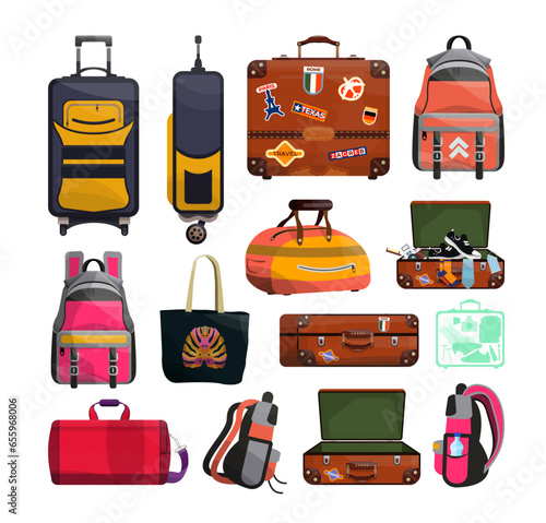 Collection of baggage and luggage objects. Retro and modern suitcases, backpacks, bags, handbags.