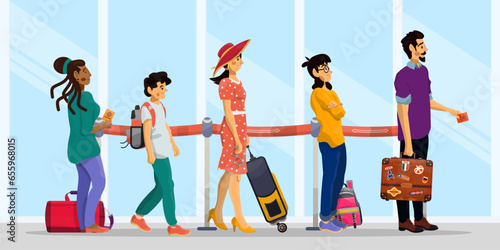 Vector cartoon illustration of queue in airport or railway station. Family concept.