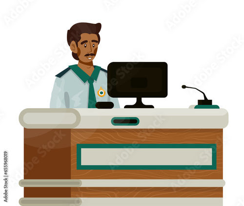 Vector flat illustration of desk with administrator, customs or police officer.
