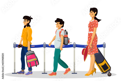 Vector cartoon illustration of queue in airport or railway station. Family concept.