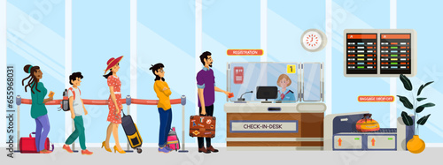 Vector cartoon illustration of queue in airport or railway station. Family concept.