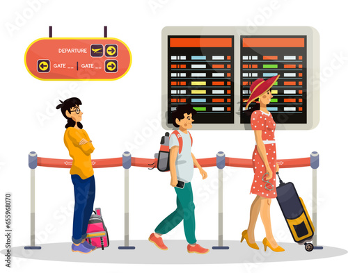 Vector cartoon illustration of queue in airport or railway station. Family concept.