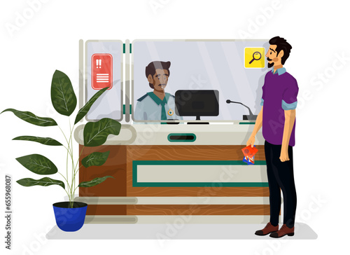 Vector flat illustration of desk with administrator, customs or police officer.