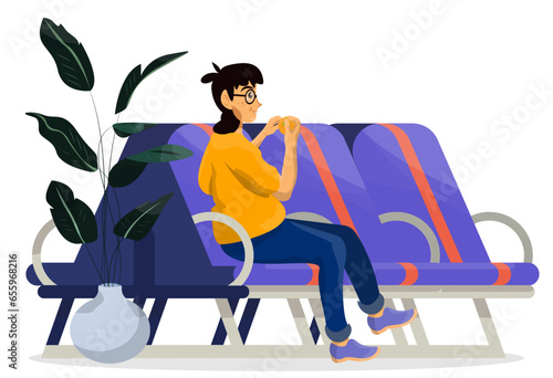 Vector cartoon illustration of girl vegan sitting on a chair in airport priority pass lounge zone.