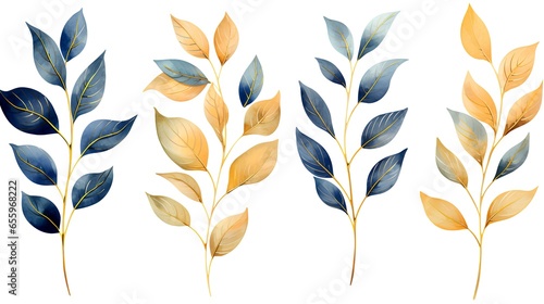Set of golden and blue tree leaves on white background 