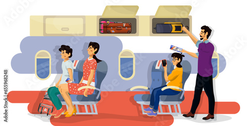 Vector flat illustration of passengers in a cabin of plane during the flight.