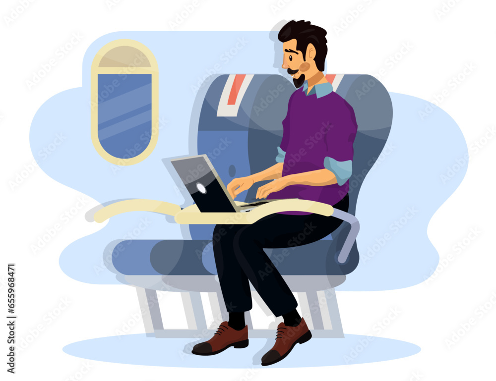 Vector flat illustration of passengers in a cabin of plane during the flight. Vector flat illustration of passengers in a cabin of plane during the flight.