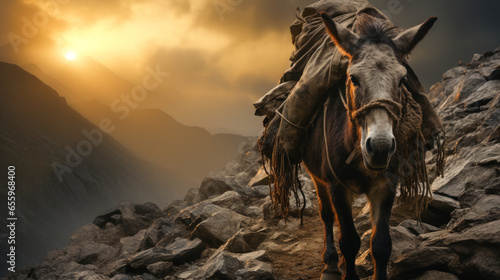 Fotografia A donkey carried on top of a mountain on the way home Generative AI Illustration