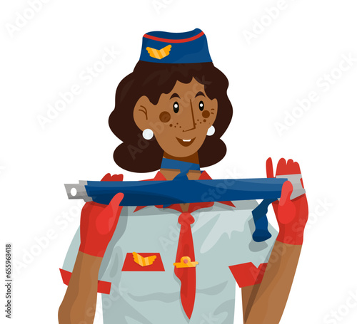Vector illustration of woman stewardess who shows how to fasten seat belt.