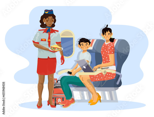 Vector flat illustration of stewardess serving food on plane.