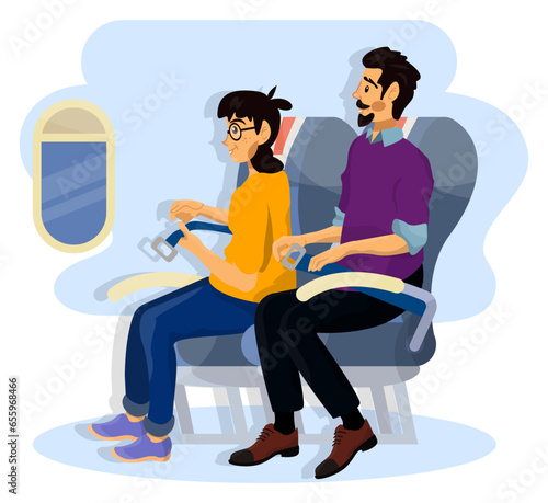 Vector illustration of passengers which fasten their seat belts in cabin on plane during the flight.