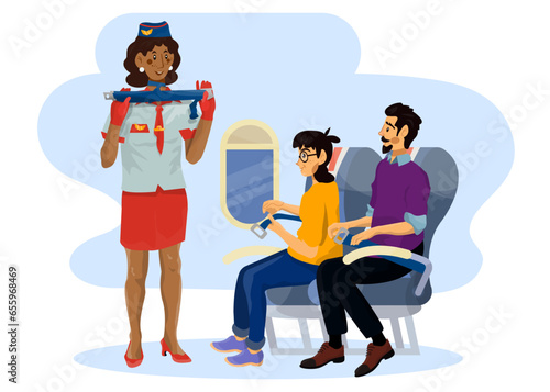 Vector illustration of woman stewardess who shows how to fasten your seat belt in a cabin on a plane