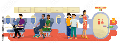 Vector flat illustration of passengers in a cabin of a plane in a queue to toilet during the flight.