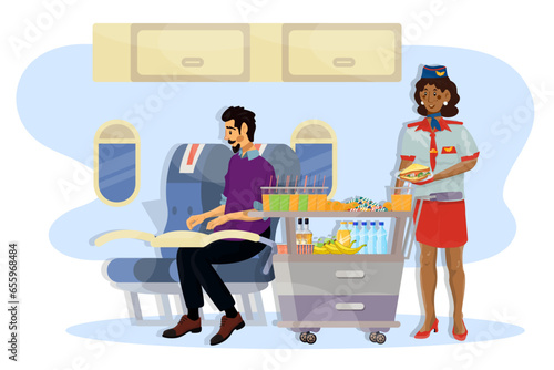 Vector flat illustration of stewardess serving food on plane.