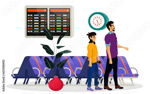 Vector flat illustration of waiting room or hall and passengers family with priority pass in airport