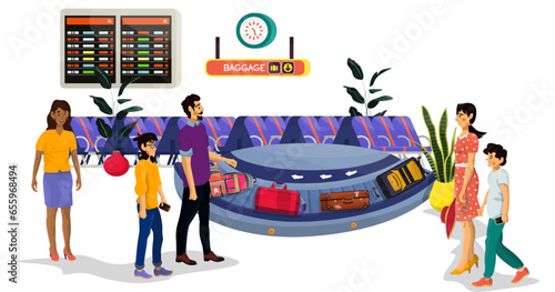Vector flat illustration of baggage reclaim with waiting family on white isolated background.