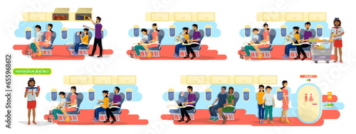 Collection of flat illustrations of fasten seat belts, boarding, serving food during the flight.