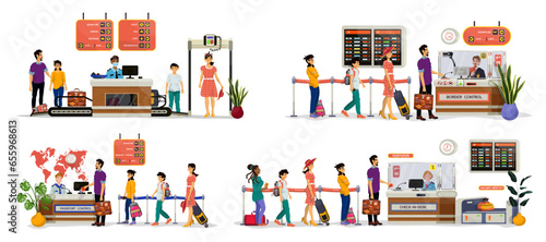 Set of vector flat illustrations of security, passport, border control desk and check-in-desk.