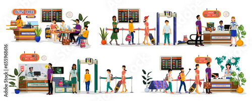 Collection of vector flat illustrations of duty free, security search, customs and ticket check.