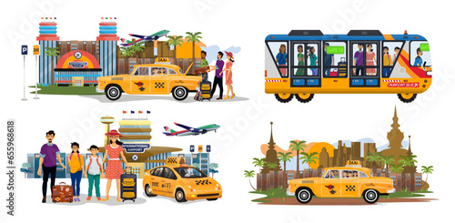 Collection of flat illustrations of trip on a taxi and bus shuttle, posing near airport.