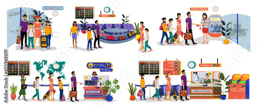Set of flat illustrations of boarding gate, baggage reclaim, buying sim cards, currency exchange.