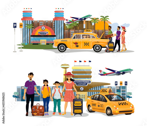 Vector illustration of family go on a retro taxi on holiday. Family arrived to the airport.