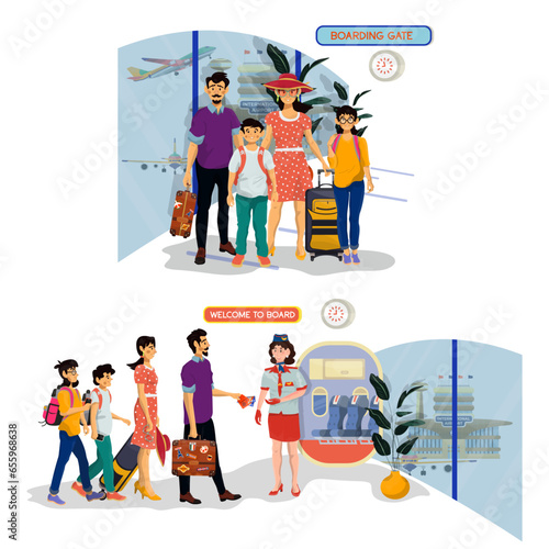 Cartoon illustration of stewardess check tickets of passengers. Happy smiling family go on holiday.