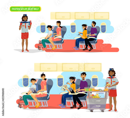 Vector flat illustration of stewardess serving food on a plane. Shows how to fasten your seatbelt.