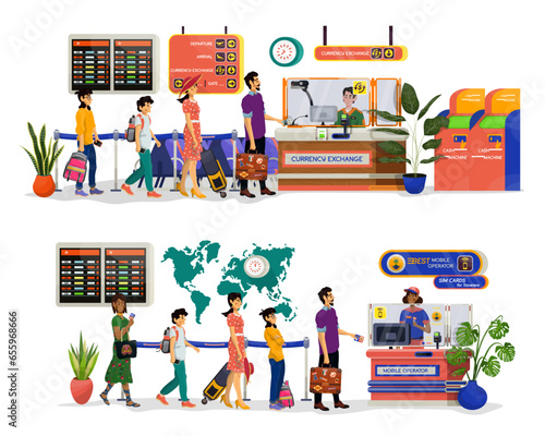 Vector cartoon illustrations of desk with woman seller of sim cards. Airport currency exchange desk.