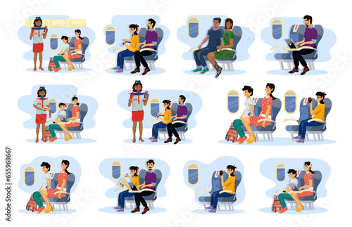 Collection of flat illustrations of fasten seat belts, boarding, serving food during the flight.