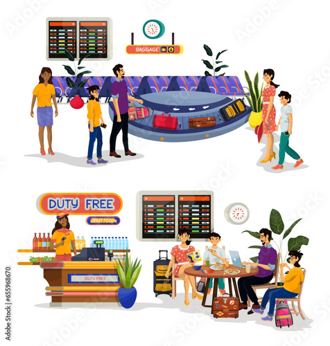 Vector flat illustration of baggage reclaim with waiting family. Duty Free Shop and cafe.