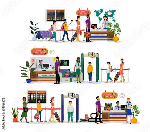 Flat illustrations of customs and immigration control, security search, check tickets in an airport.