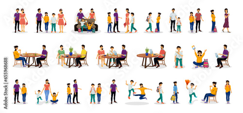 Collection of people and characters. Situations happy family. School children. Parents and children.