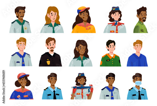 Collection of vector flat avatars or portraits with different professions.
