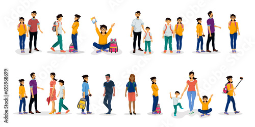 Collection of people and characters. Situations happy family. School children. Parents and children.
