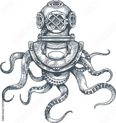 Octopus in diving helmet vintage sketch