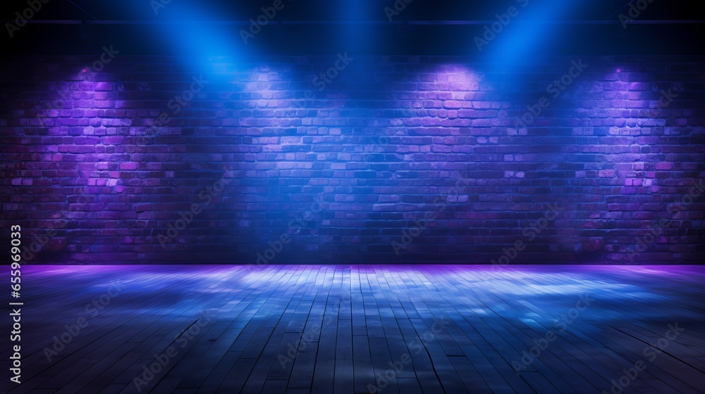 Abstract blue and purple brick wall background with neon laser beams, spotlights, and smoke in a dark studio room for product display Abstract blue and purple brick wall background with neon laser beams, spotlights, and smoke in a dark studio room for product display