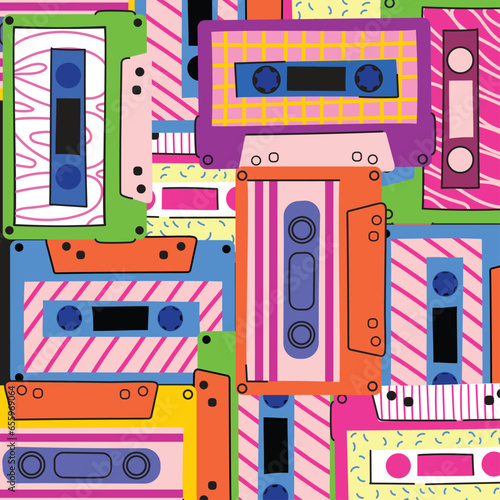 70's, 80's cassette tape vintage retro background. Fashionable poster simple graphic old style with heart and flash.