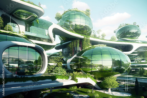 Green futuristic city biophilia design buildings