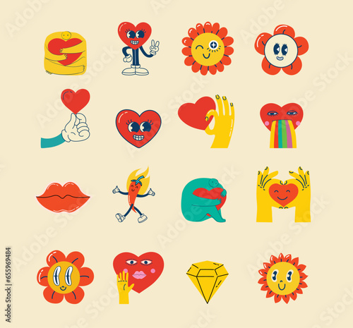 Trendy groovy sticker set. Retro cartoon style valentines day. 70s 60s aesthetics isolated elements. Vintage vector illustrations.