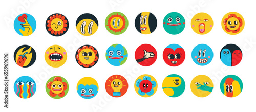 Groovy hippie love round icons set. Comic happy retro faces, geometric stickers, characters in trendy retro 60s 70s cartoon style. Vintage vector illustrations.