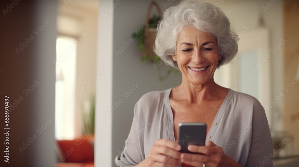 Happy senior female holding smartphone using mobile phone app. Technology, communication, happy adult woman with smartphone at home, recreation, communication, sociality, hobbies, adaptation, AI gen Happy senior female holding smartphone using mobile phone app. Technology, communication, happy adult woman with smartphone at home, recreation, communication, sociality, hobbies, adaptation, AI gen