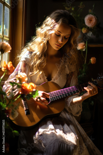 Portrait of a person playing an acoustic guitar sitting near to a window in a rustic house with wooden window frame and nature in the background