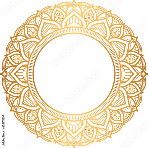 Indian flower mandala art with luxury golden circle frame transparent vintage gold circular pattern
